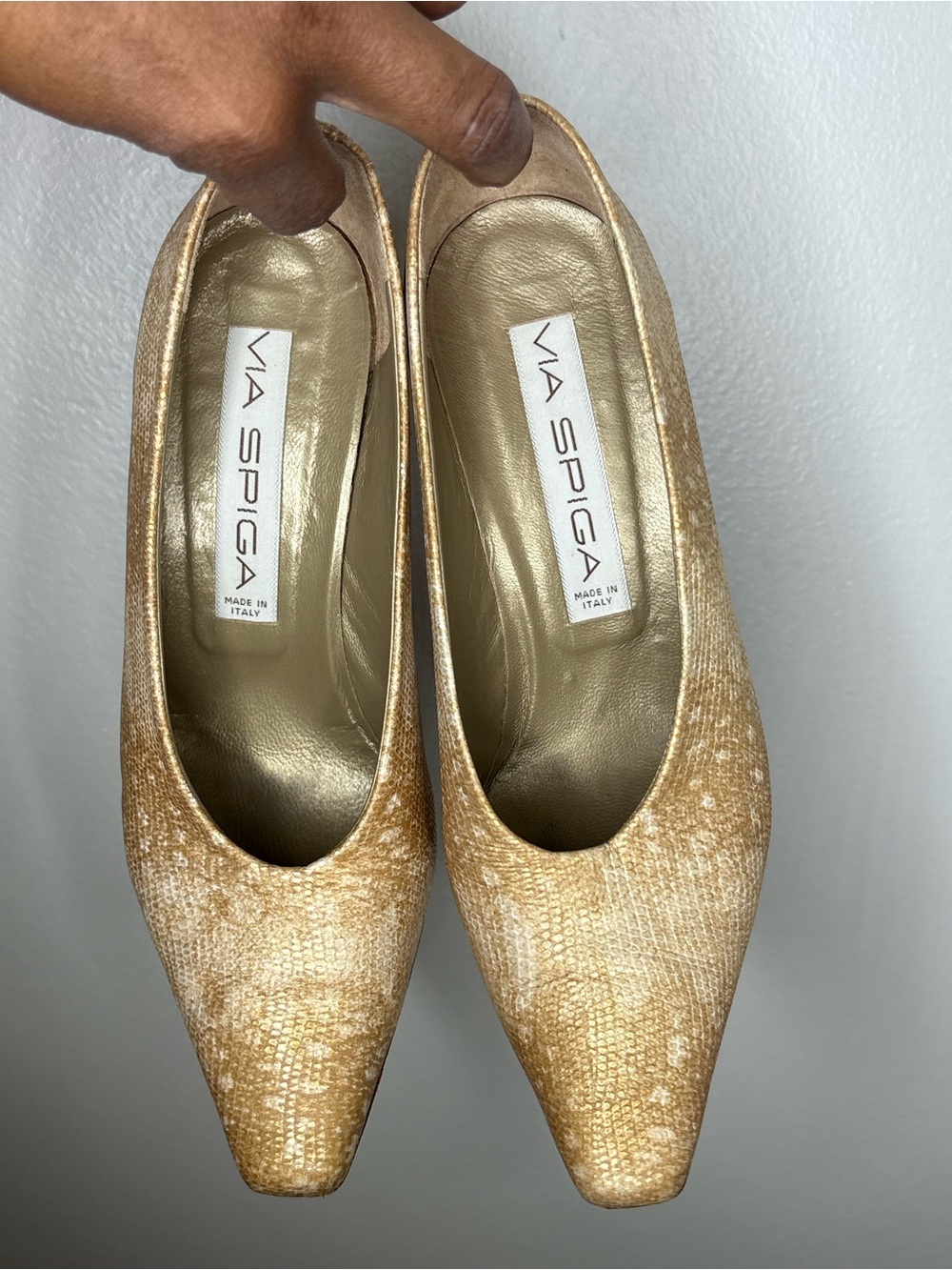 Via Spiga Gold-Tone Textured Pointed-Toe Pumps